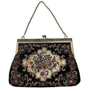 Black Vintage Floral Tapestry Needlepoint Handbag Purse